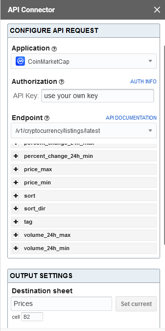 connecteur API coinmarketcap avec Google Sheets