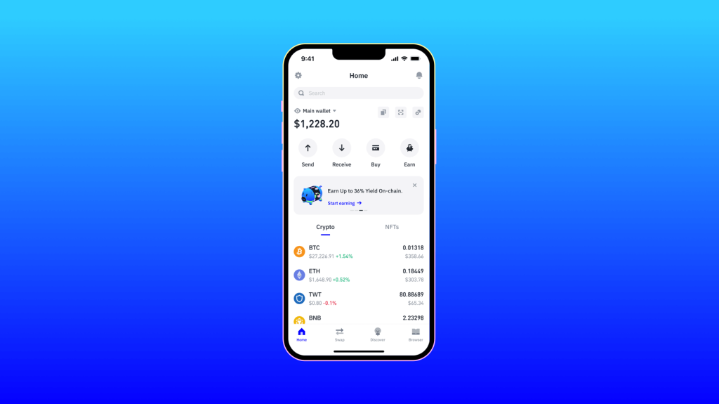 Captura de tela da tela inicial da Trust Wallet no aplicativo móvel